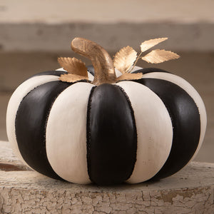 Large stripe pumpkin with black and white stripes and gold stem perfect for halloween pumpkins and gourds decor