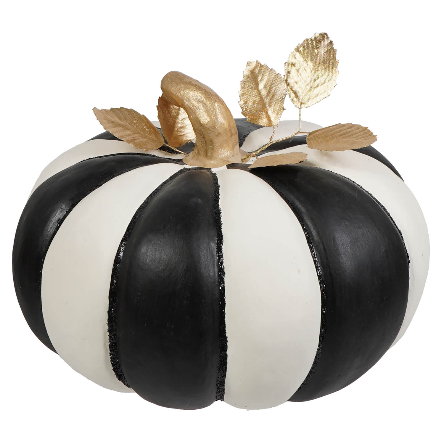 Large stripe pumpkin with black and white stripes and gold stem perfect for halloween pumpkins and gourds decor