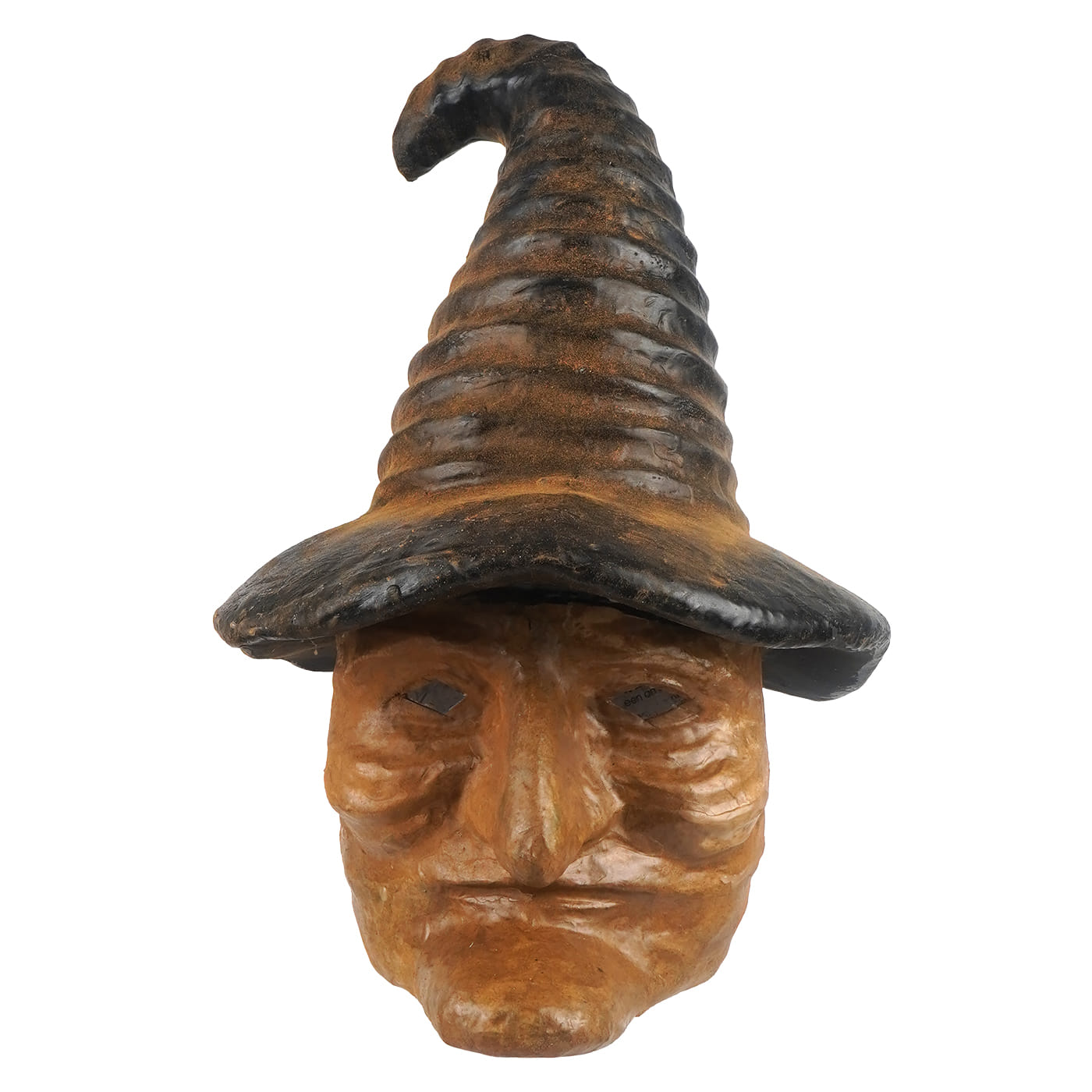 Large tan witch head lantern with rustic hand carved wooden mask and weathered black hat for halloween witch decor
