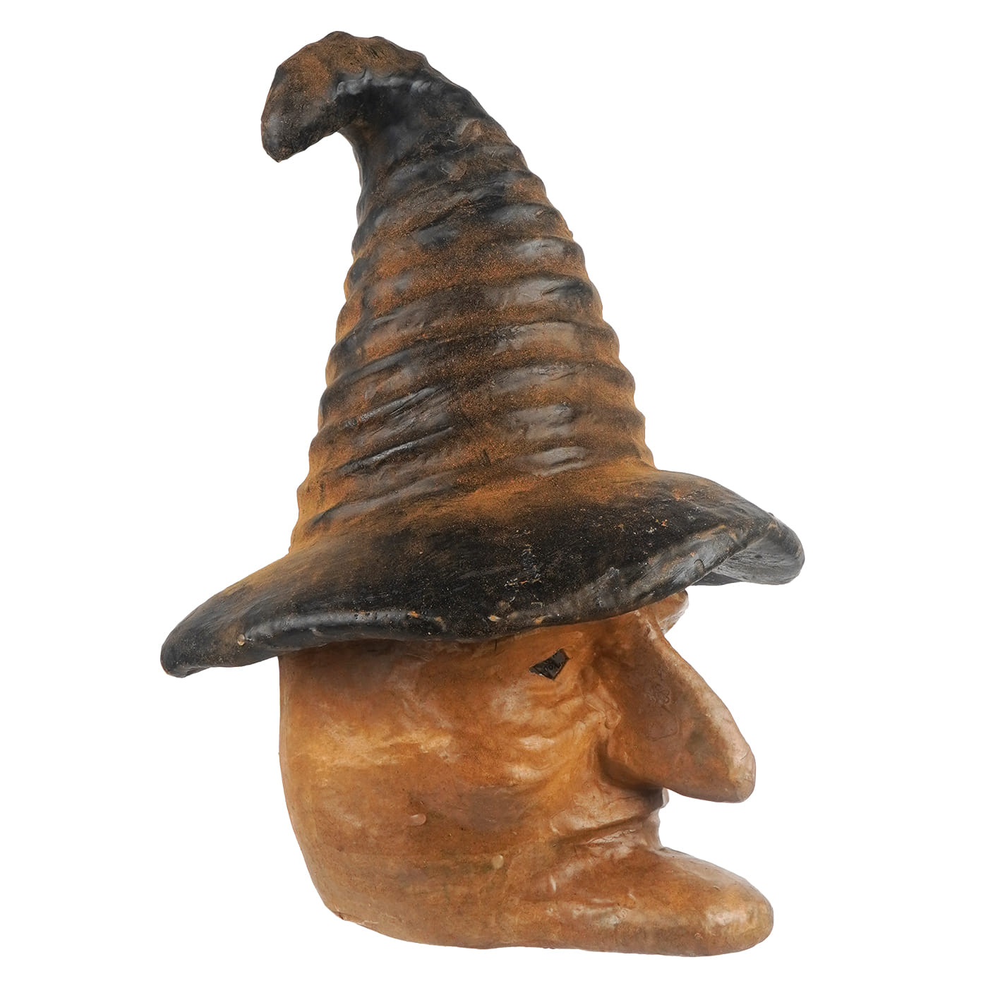 Large tan witch head lantern featuring a rustic brown ceramic gnome with a tall blackened hat for halloween witches decor