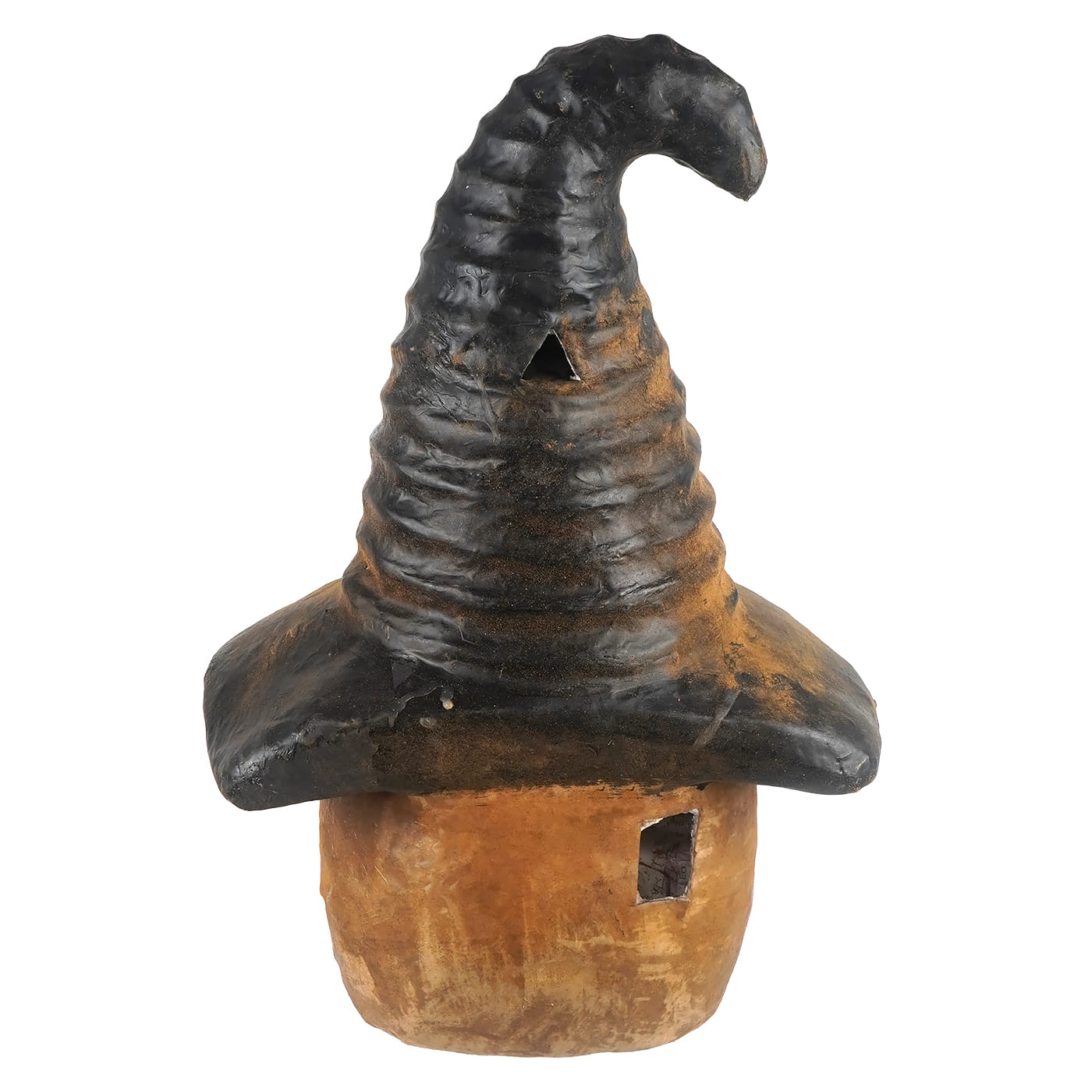 Large tan witch head lantern with textured black top and terracotta base perfect for halloween witches decor