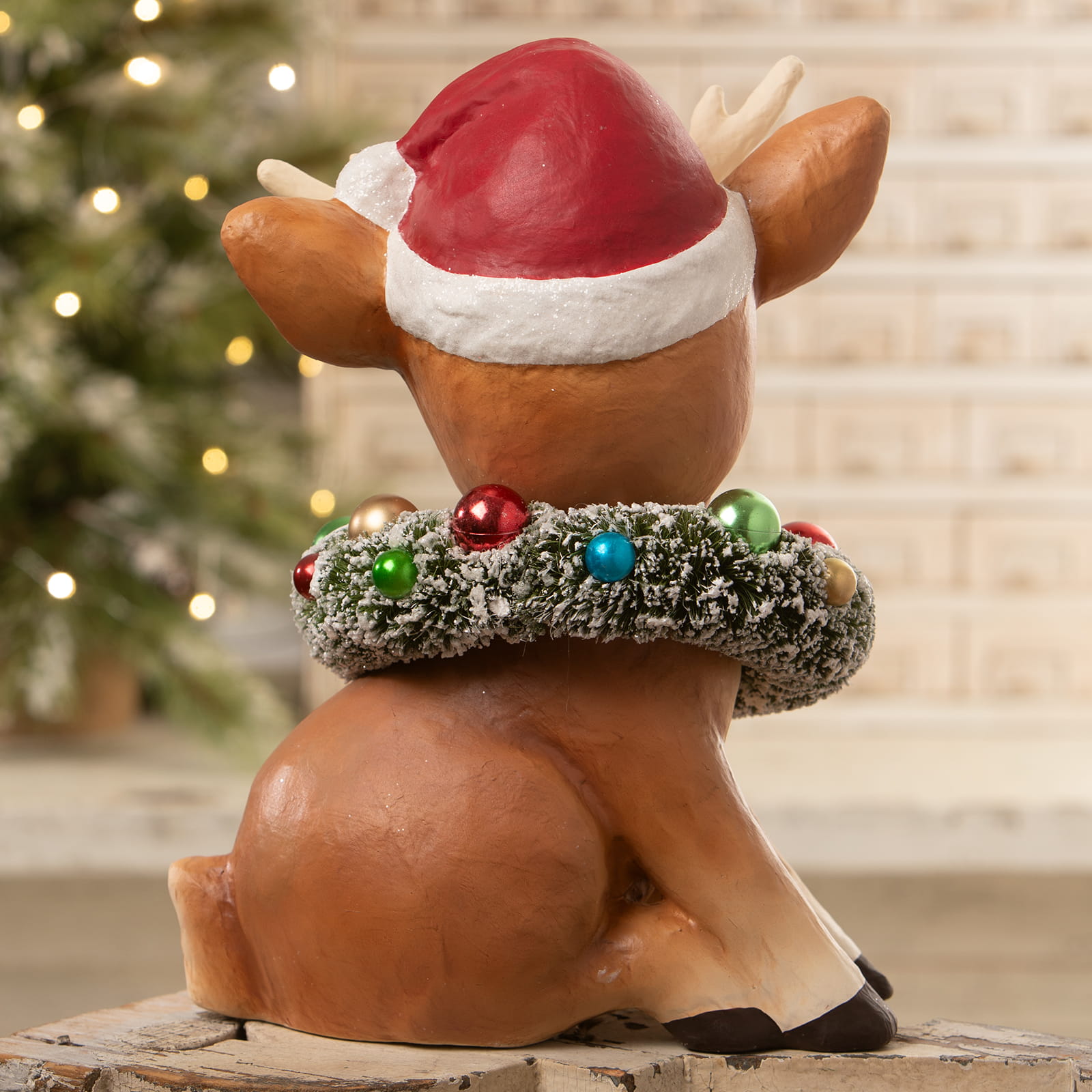 Large twinkle santa’s reindeer brown resin figurine with santa hat and festive garland by bethany lowe design christmas decor