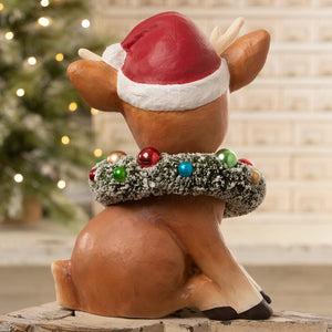 Large twinkle santa’s reindeer brown resin figurine with santa hat and festive garland by bethany lowe design christmas decor