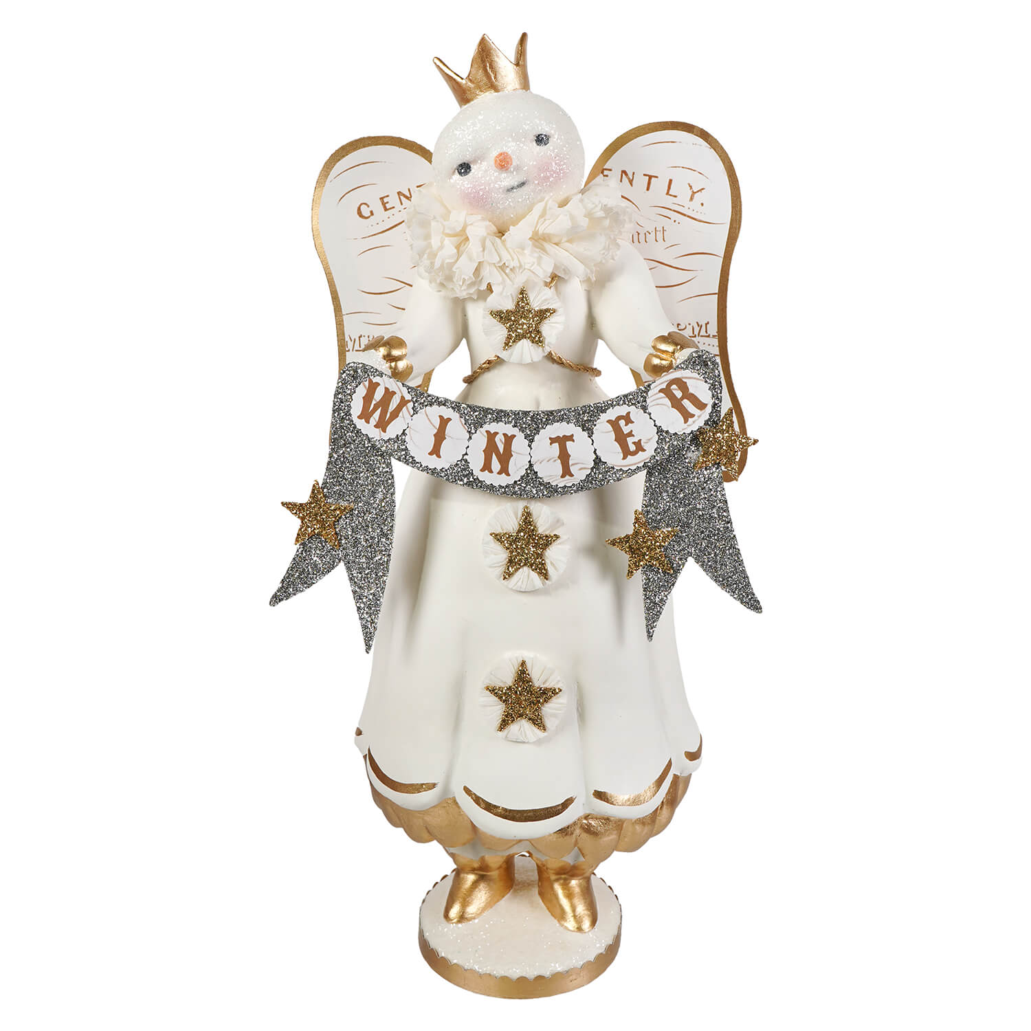 Large winter snow angel figurine with white and gold glittery wings and winter banner for angel figures and decor