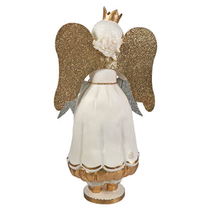 Large winter snow angel figurine with white body glittery gold wings and silver shoulder accents for angel figures decor
