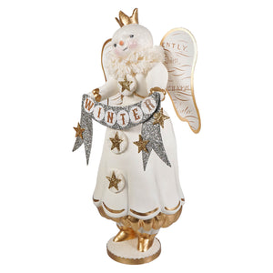 Large winter snow angel figurine in white with gold accents glittery star decorations and winter banner for angel figures and decor