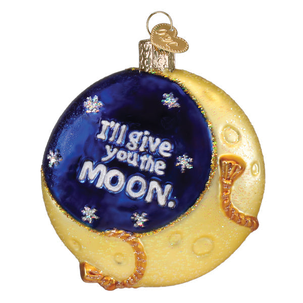Glossy glass crescent moonlight santa ornament in deep blue with silver snowflakes and i’ll give you the moon text