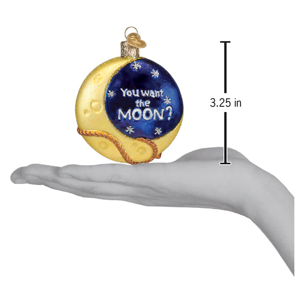 Glossy glass crescent moon ornament with blue center and gold edges featuring you want the moon text perfect for christmas ornaments