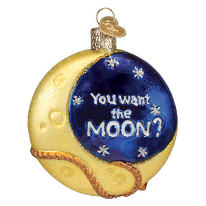 A glossy glass crescent moonlight santa ornament in blue with white lettering perfect for christmas ornaments