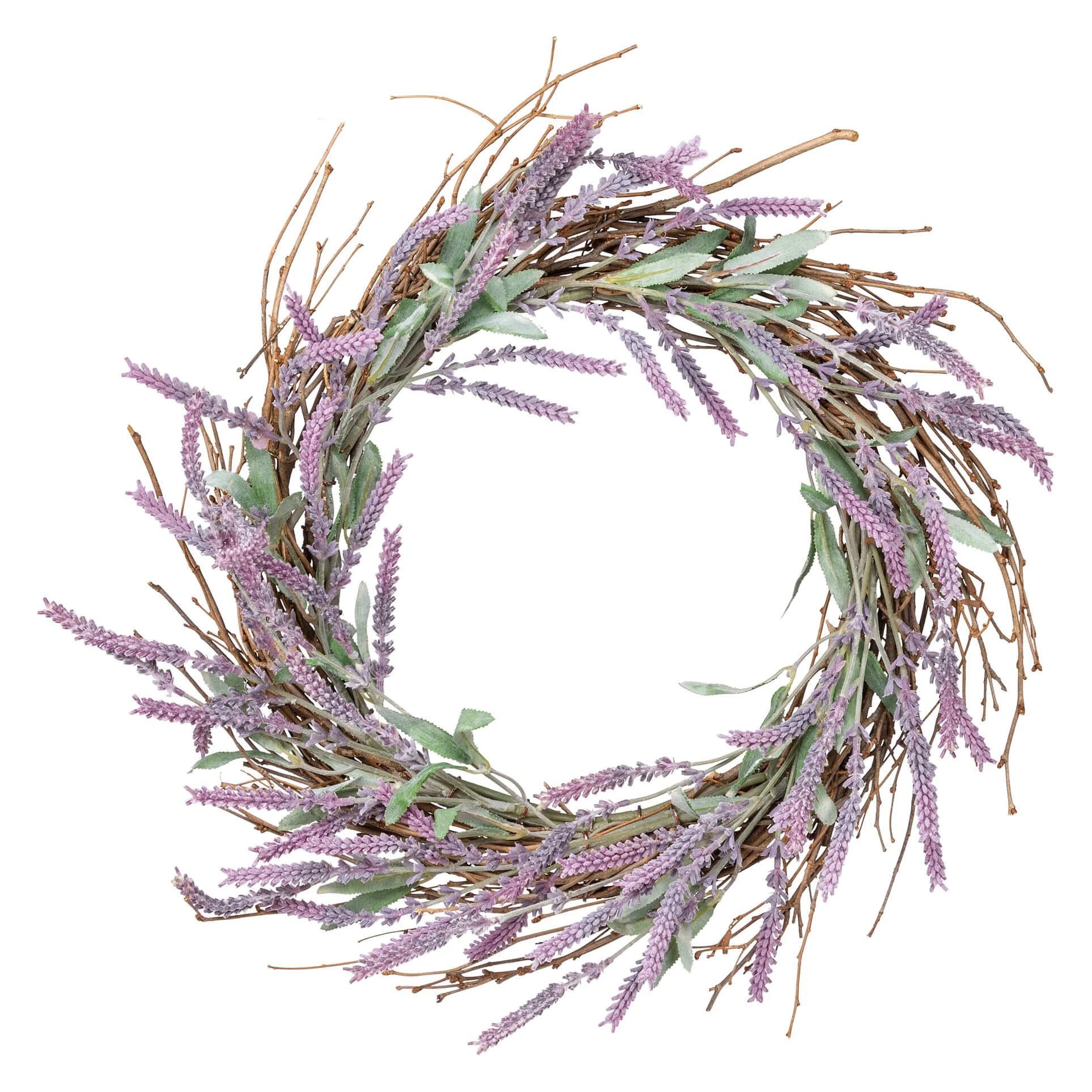 A lavender wreath with artificial purple sprigs and green leaves on a natural twig frame perfect for vintage easter spring hanging and wall decor