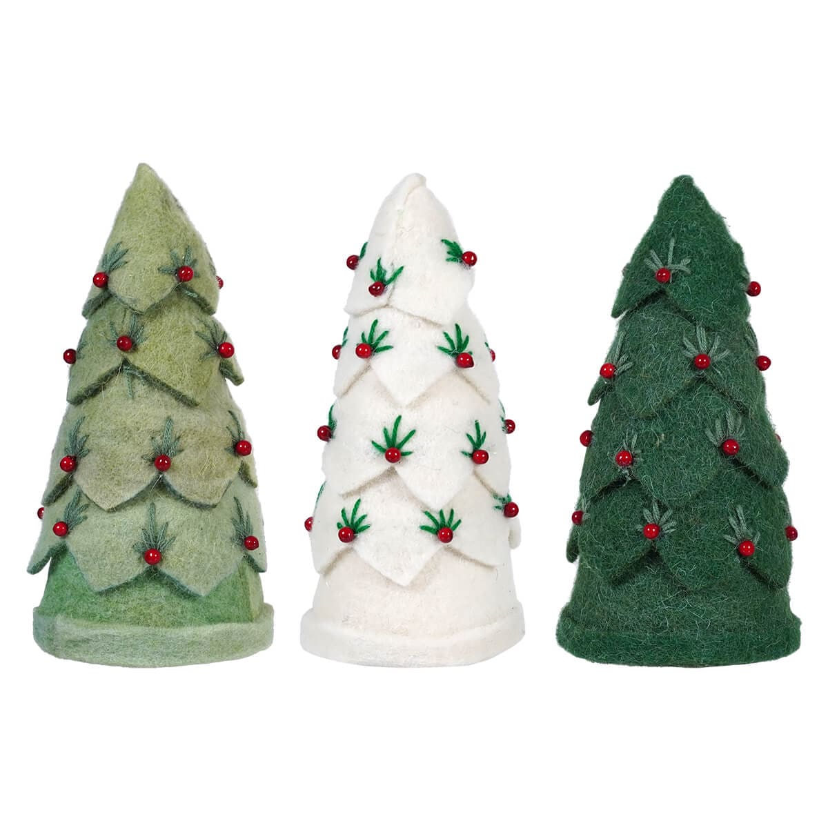 Layered Fabric White & Green Beaded Trees Set/3 - Christmas