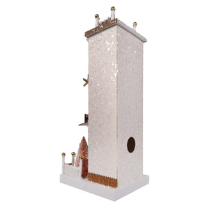White glittery birdhouse with gold accents and miniature bottle brush tree decoration from cody foster le salon collection