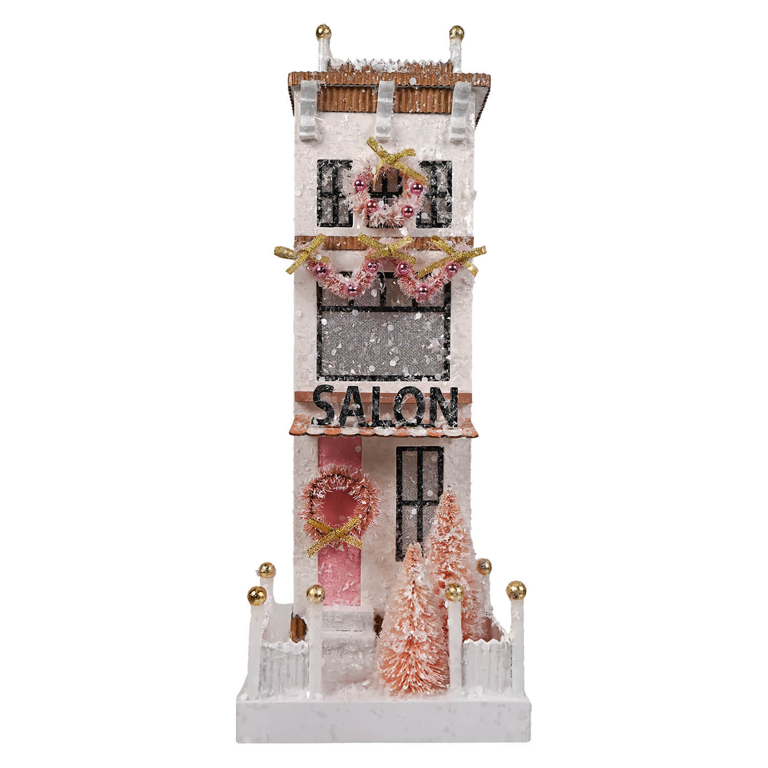 A festive cody foster bottle brush miniature salon ornament with white pink glittery details and gold accents light cord