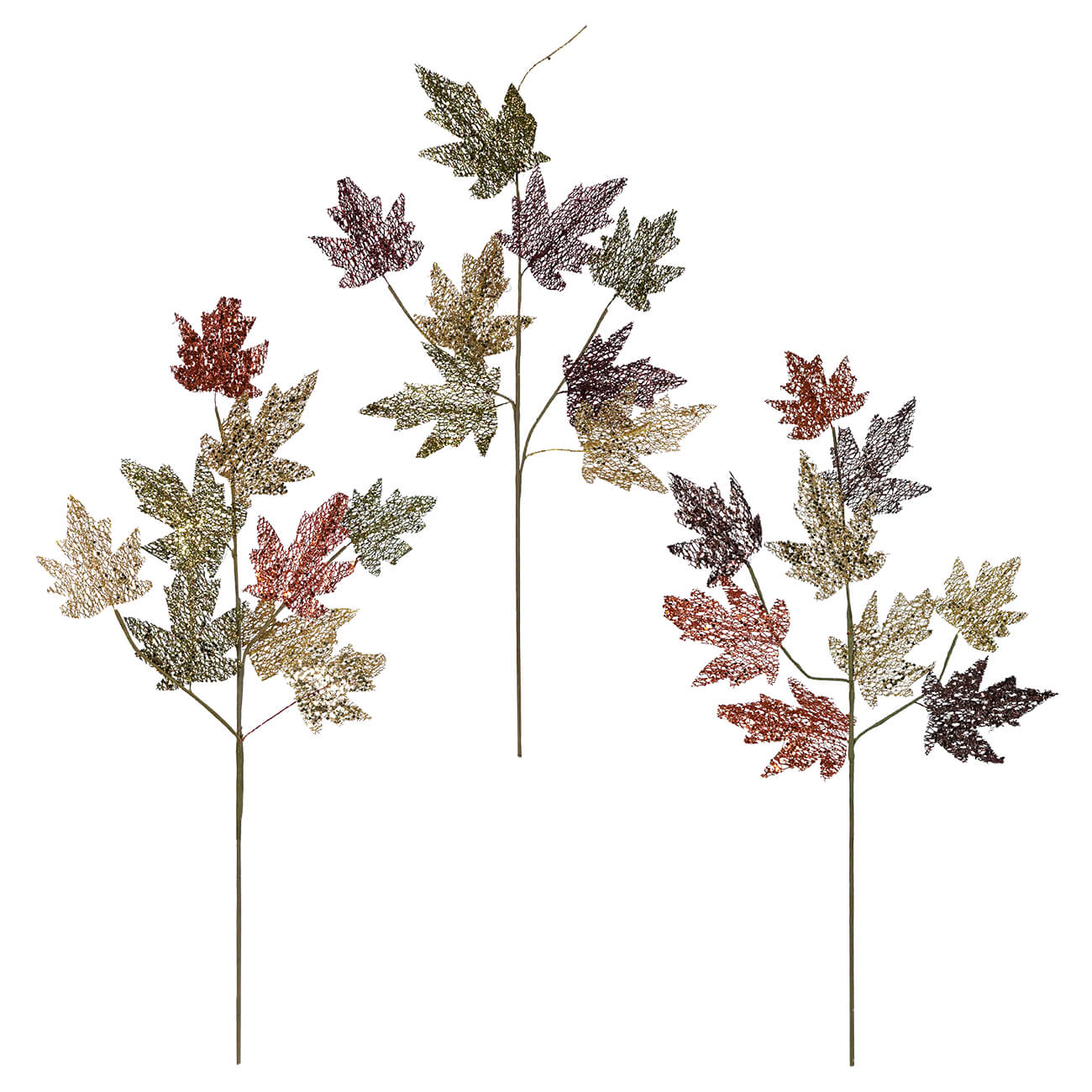 Decorative artificial maple leaf branches with glittery autumn-colored foliage.