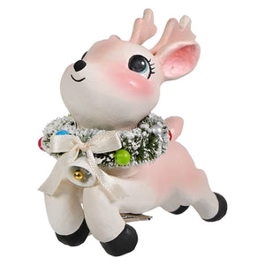 A charming pink ceramic leaping high reindeer clip-on ornament with a festive green wreath by bethany lowe designs