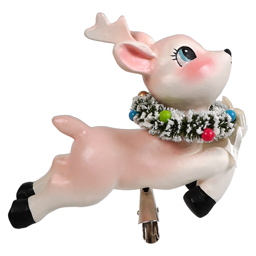 Pink ceramic leaping high reindeer clip-on ornament with black hooves and colorful bead garland by bethany lowe designs