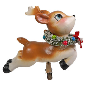 A charming vintage-style bethany lowe designs leaping high reindeer clip-on ornament with glossy brown white body and festive wreath