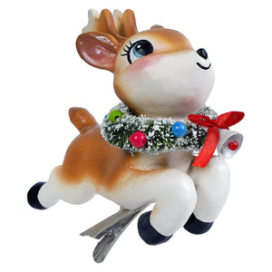 A charming brown and white bethany lowe designs reindeer ornament with festive wreath and red bow clip-on for christmas decor
