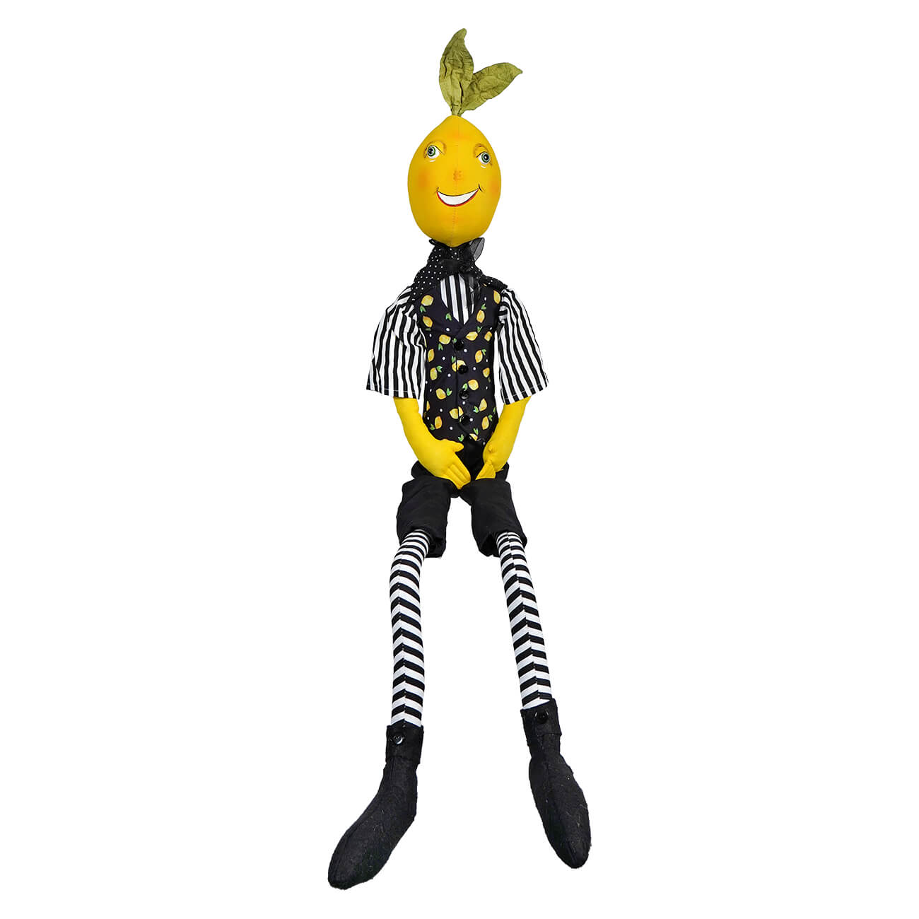 Whimsical plush doll with a lemon head wearing striped clothing and dangling legs.