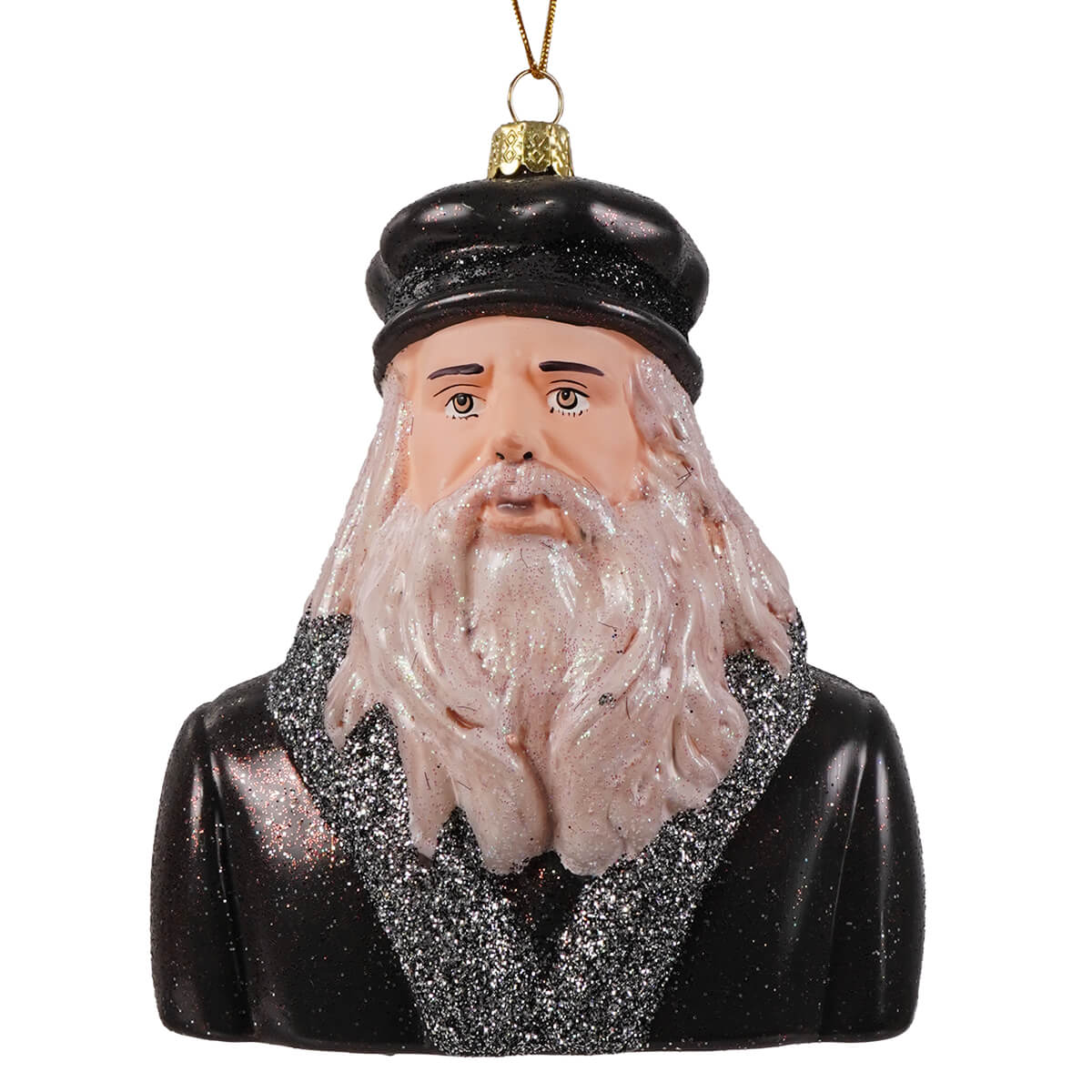 Black glass ornament featuring leonardo da vinci bust with glittery silver beard and collar by cody foster