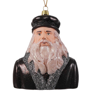 Black glass ornament featuring leonardo da vinci bust with glittery silver beard and collar by cody foster