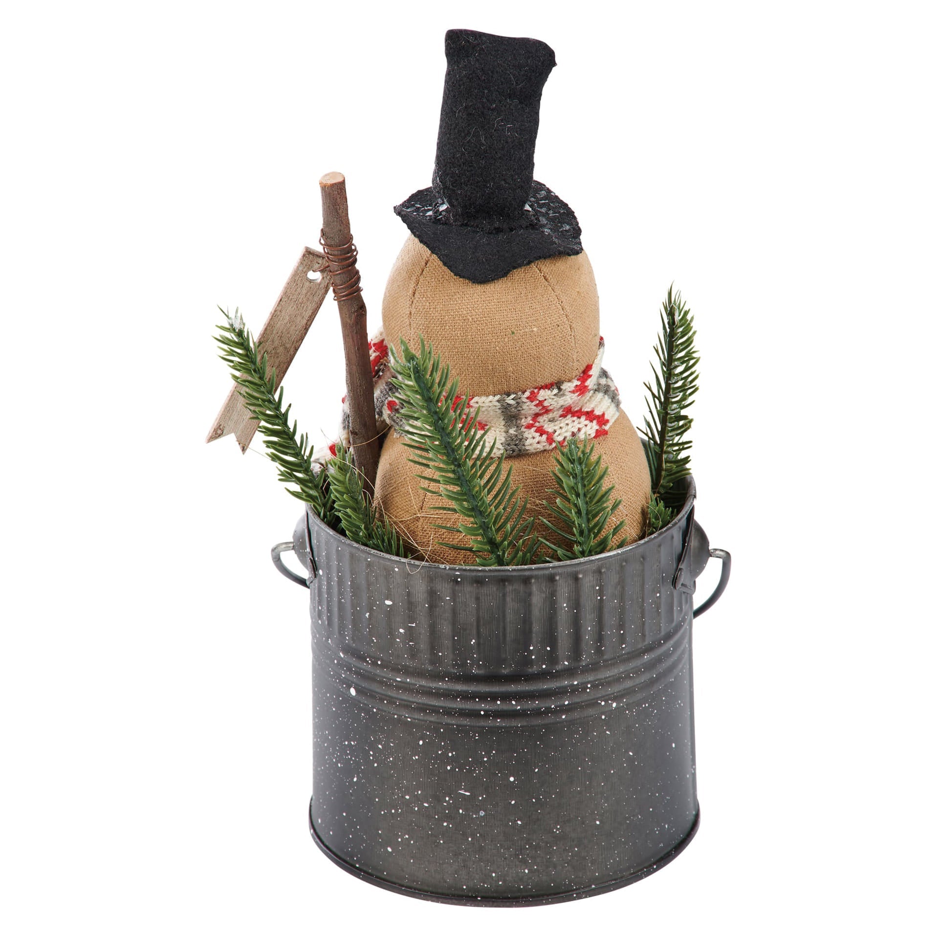 Rustic tan fabric isabella snowman standing with black top hat and red scarf in gray bucket with pine branches by kari emerson design