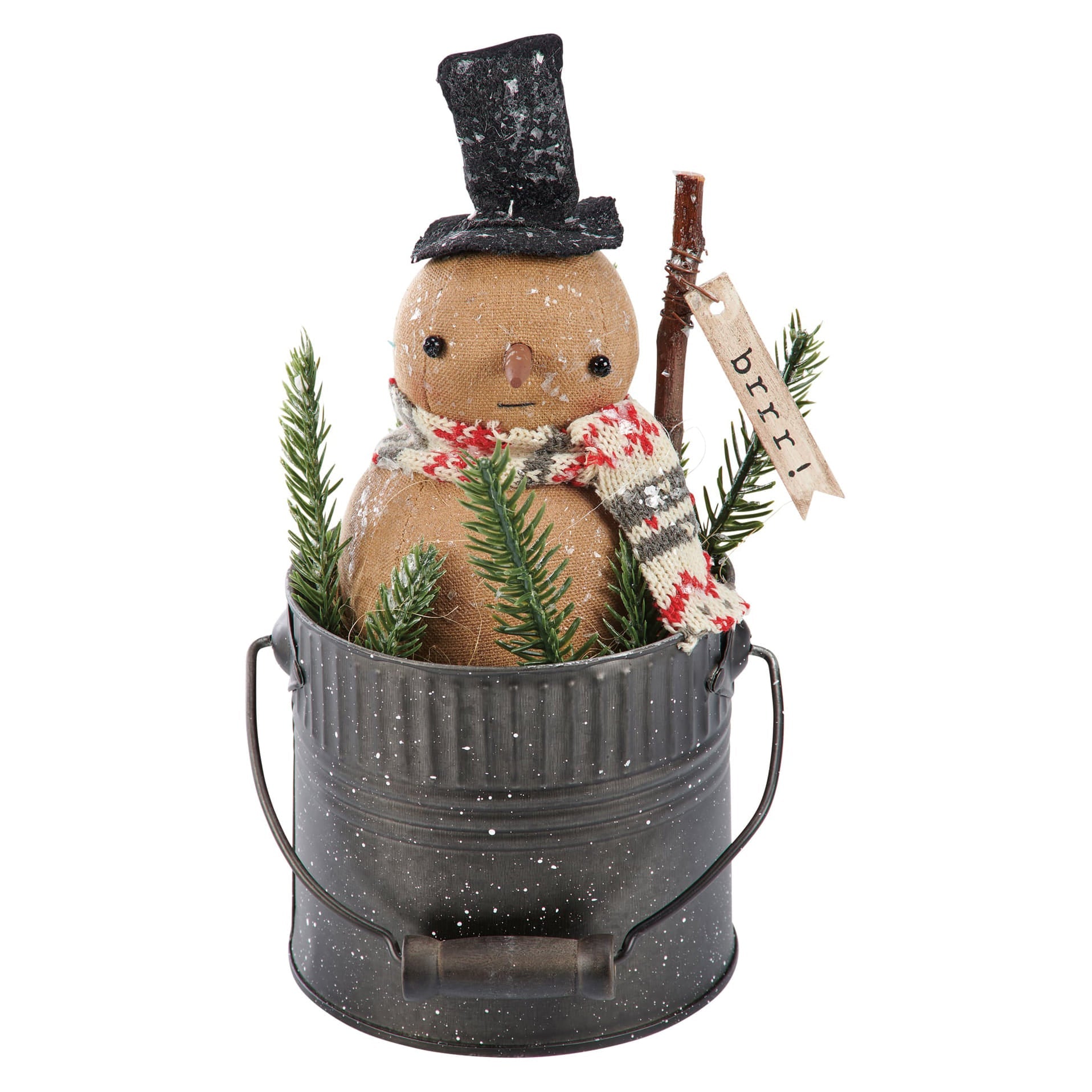Let it snow doll isabella snowman standing burlap figure with black top hat red scarf in gray bucket pine sprigs kari emerson design