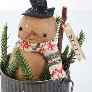 Let it snow doll is a rustic brown burlap isabella snowman standing with a glittery top hat and knitted scarf by kari emerson design