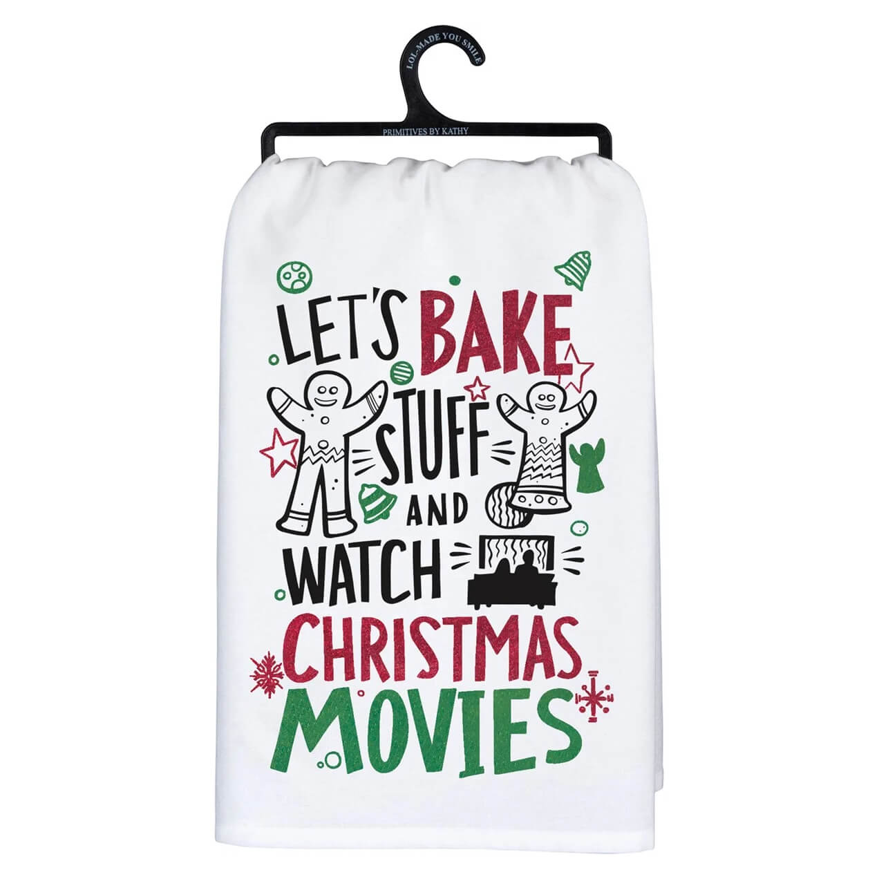 Kitchen towel with festive Christmas-themed text and graphics about baking and watching movies.