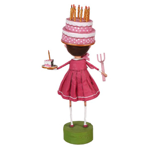 A lori mitchell whimsical figurine girl in a pink dress with a two-tiered pink cake hat for spring decor and ornaments
