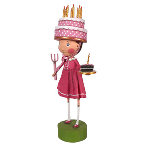 Lori mitchell spring decor figurine holding a pink polka-dotted cake on a tray in a pink dress titled lets eat cake