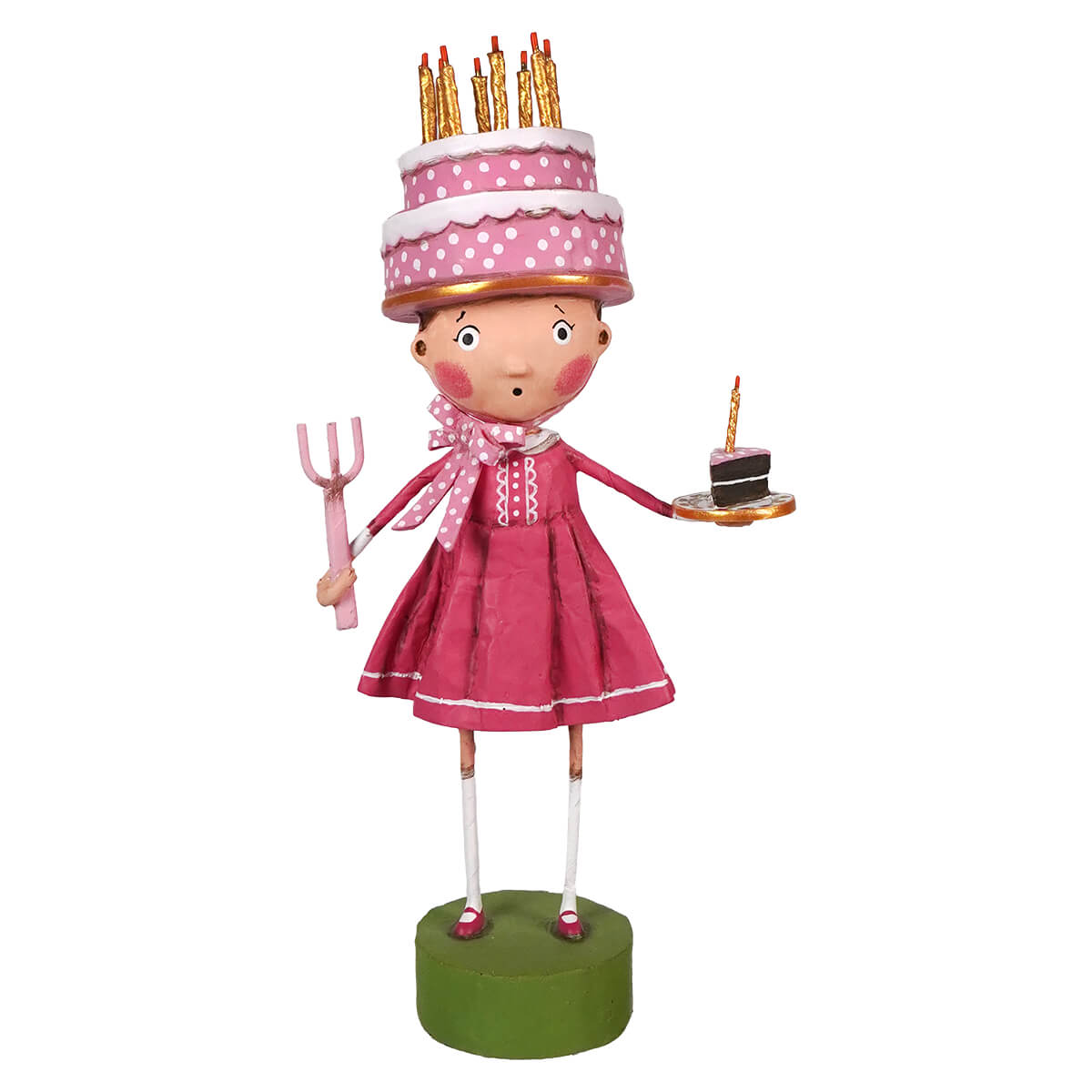 Pink lori mitchell cake figurine girl with polka-dotted hat holding fork and chocolate cake spring decor ornament