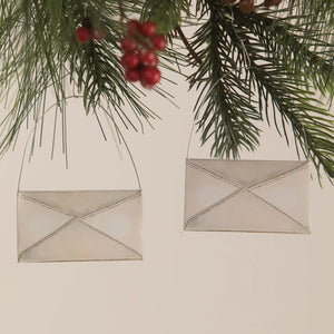 Silver metallic envelope shaped santa ornament set of 2 with stitched detailing and hanging loops for tree toppers or lighted decor