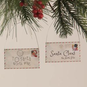 Two festive letter to santa ornaments set with vintage postcard design red and green striped borders perfect for tree toppers