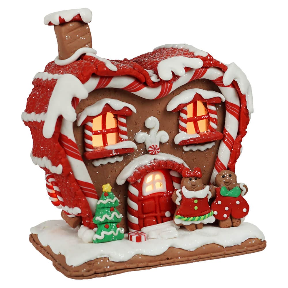 Light Up Red & White Gingerbread House With Gingerbread Couple