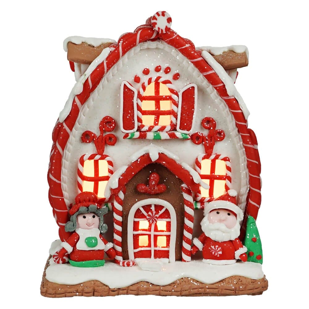 Light Up Red & White Gingerbread House With Santa & Mrs. Claus