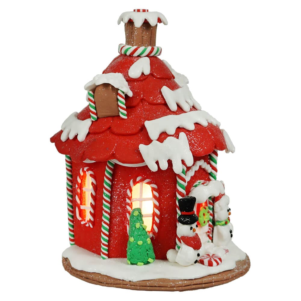 Light Up Red & White Gingerbread House With Two Snowmen