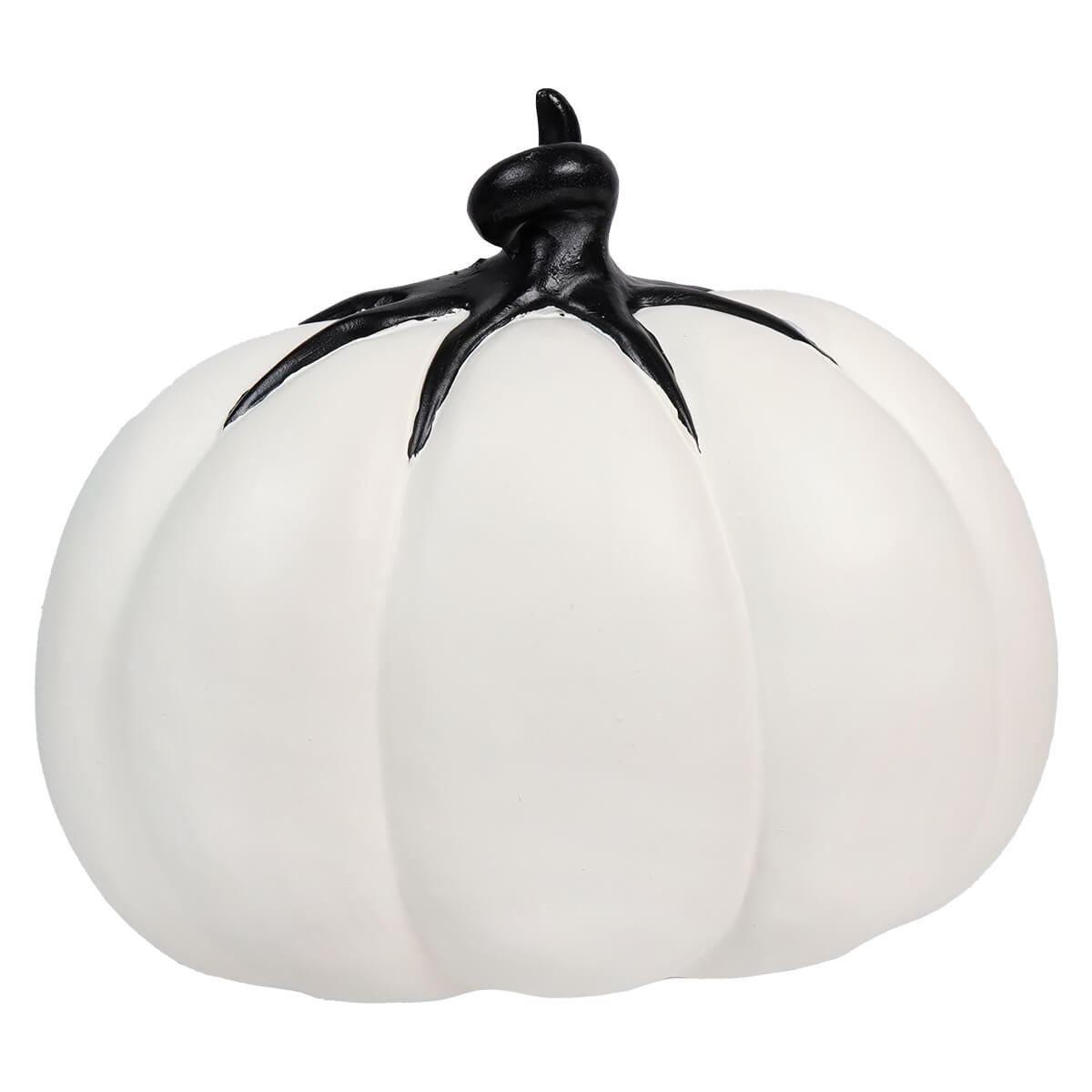 White ceramic pumpkin with a black stem and ridges.