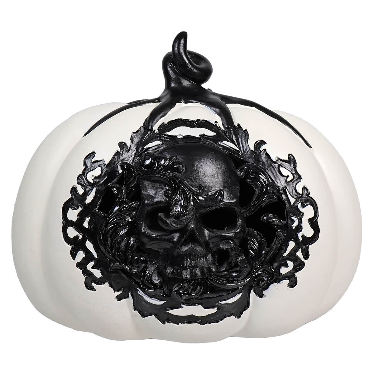 White pumpkin with an intricate black skull design on the front.