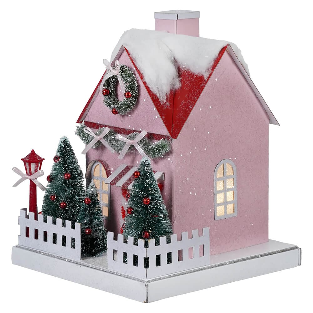 Lighted Christmas Pink Paper House With Lamp Post - Christmas