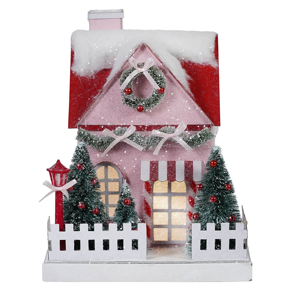 Lighted Christmas Pink Paper House With Lamp Post - Christmas