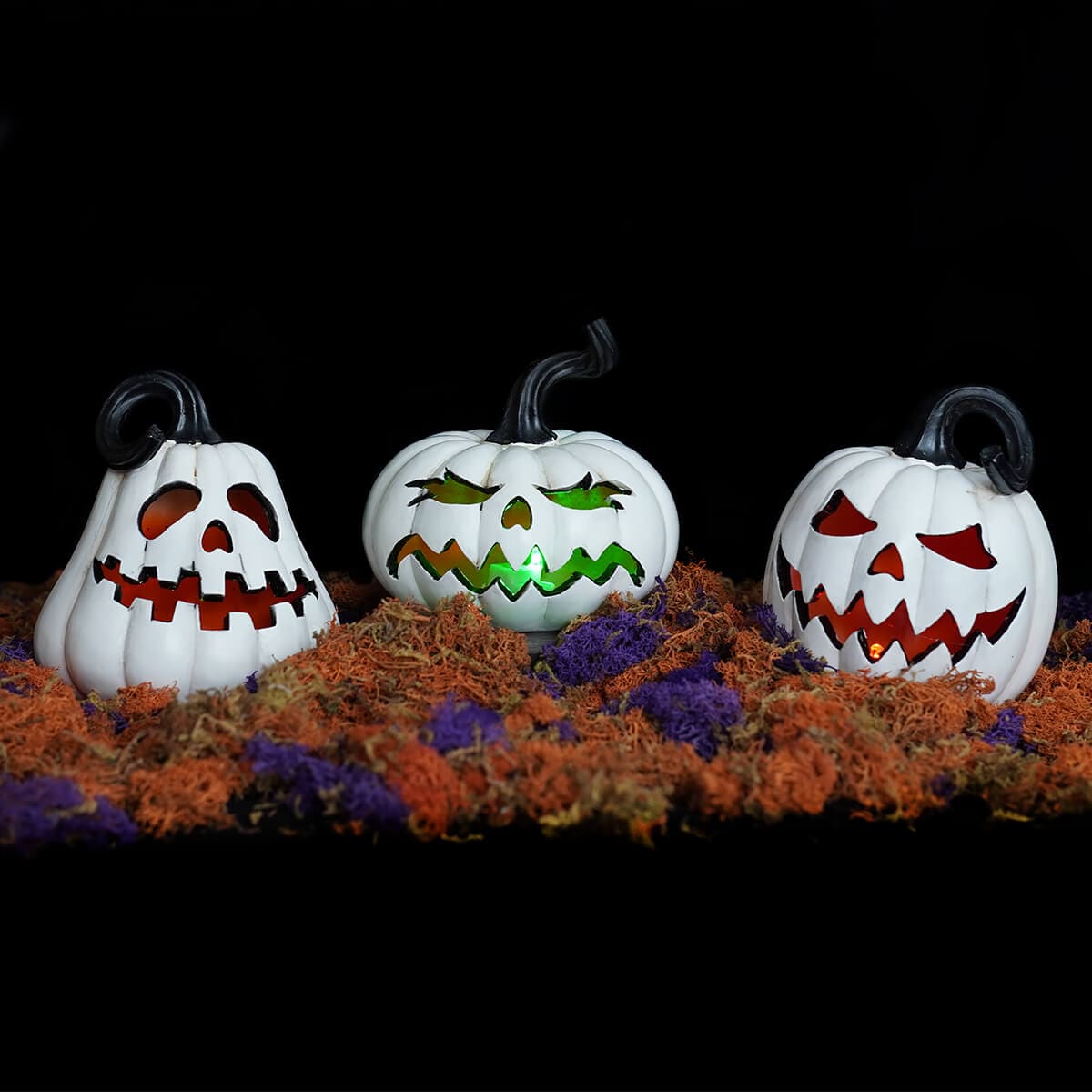 Lighted Color Changing Black & White Pumpkins Set/3 - Halloween