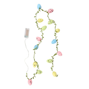 Pastel-colored egg-shaped lights with speckled patterns on a green vine easter egg garland from kathy’s christmas collection