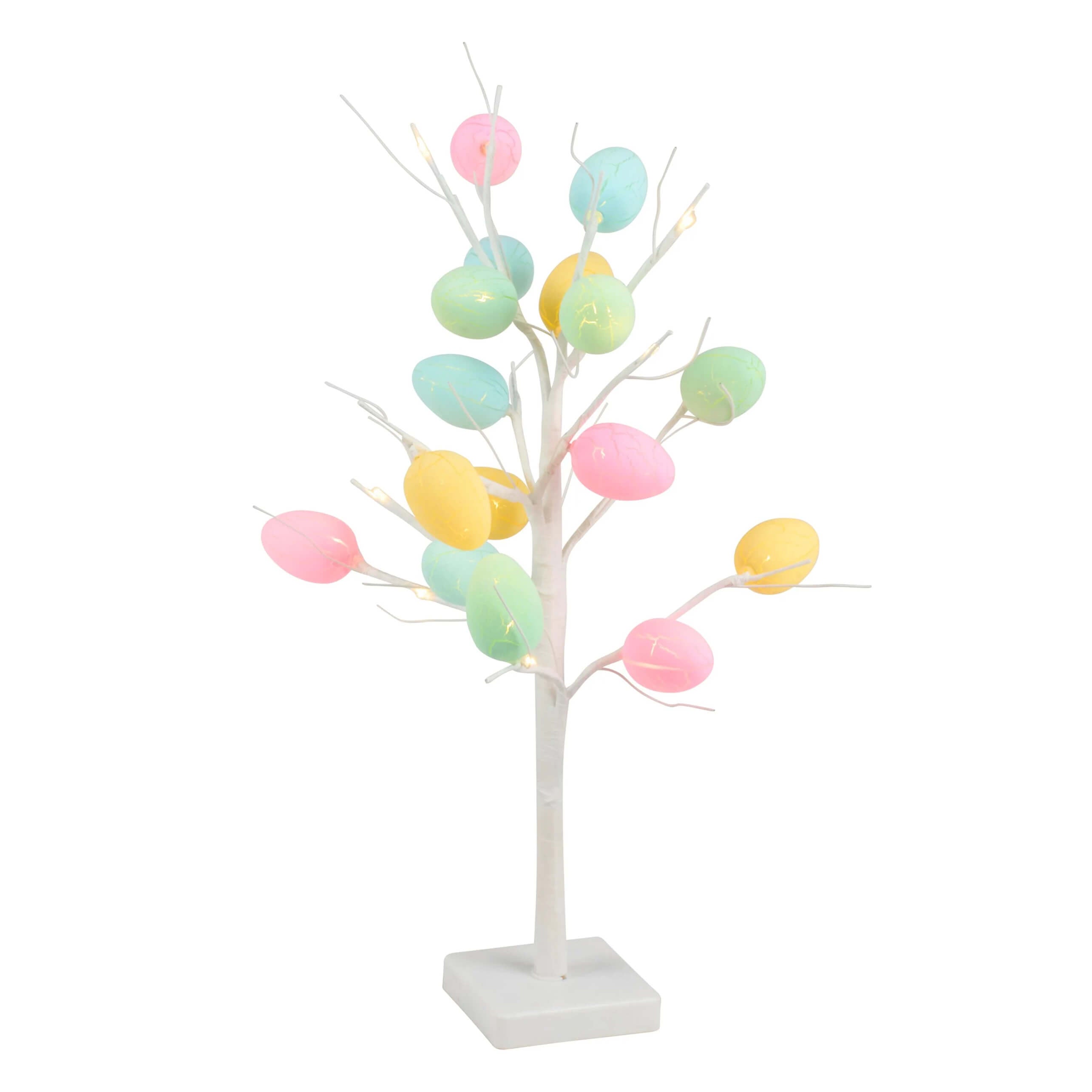 Pastel-colored lighted egg tree with white base and glowing branches perfect for easter lighted decor and easter decor