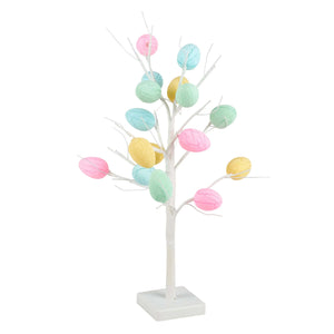 Lighted egg tree with pastel-colored eggs on a white decorative tree perfect for easter lighted decor and spring trees