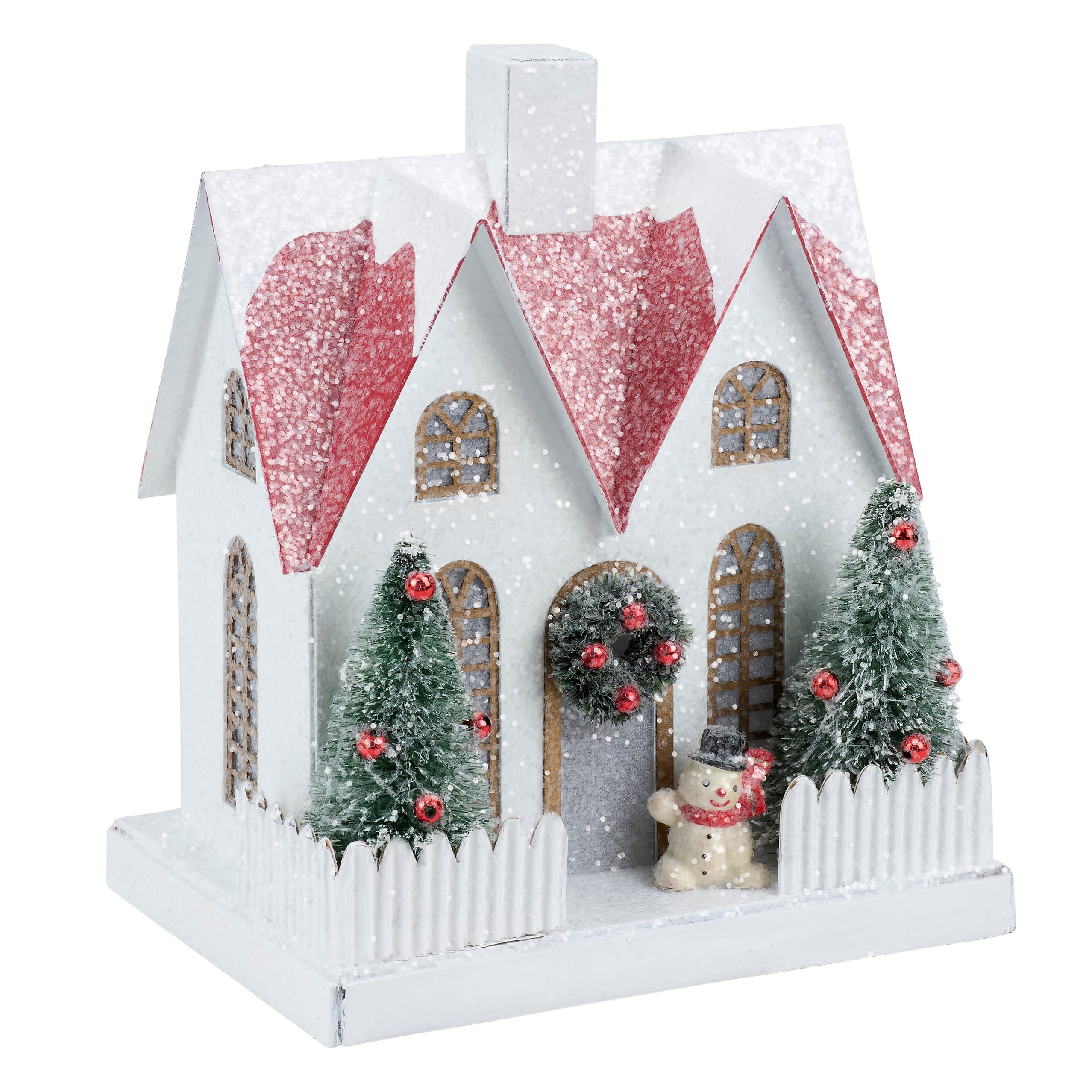 Lighted fenced house sitter figurine with glittery pink roof frosted green trees and snowman in front