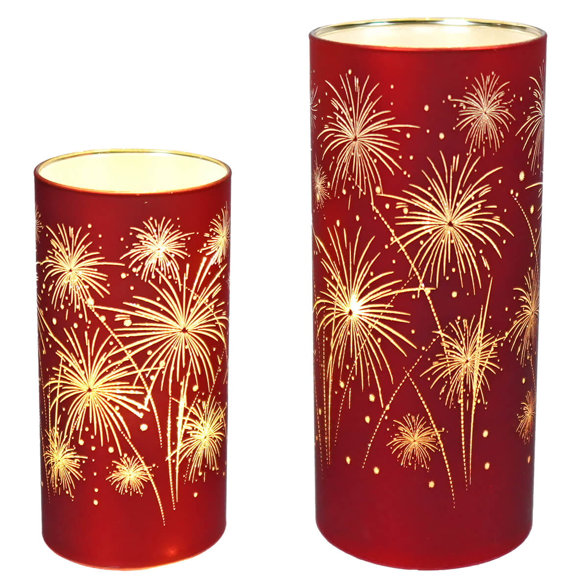 Red cylindrical candle holders decorated with golden firework patterns.