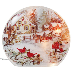 Lighted Frosted Glass Cardinals & Sleigh Winter Scene Luminary