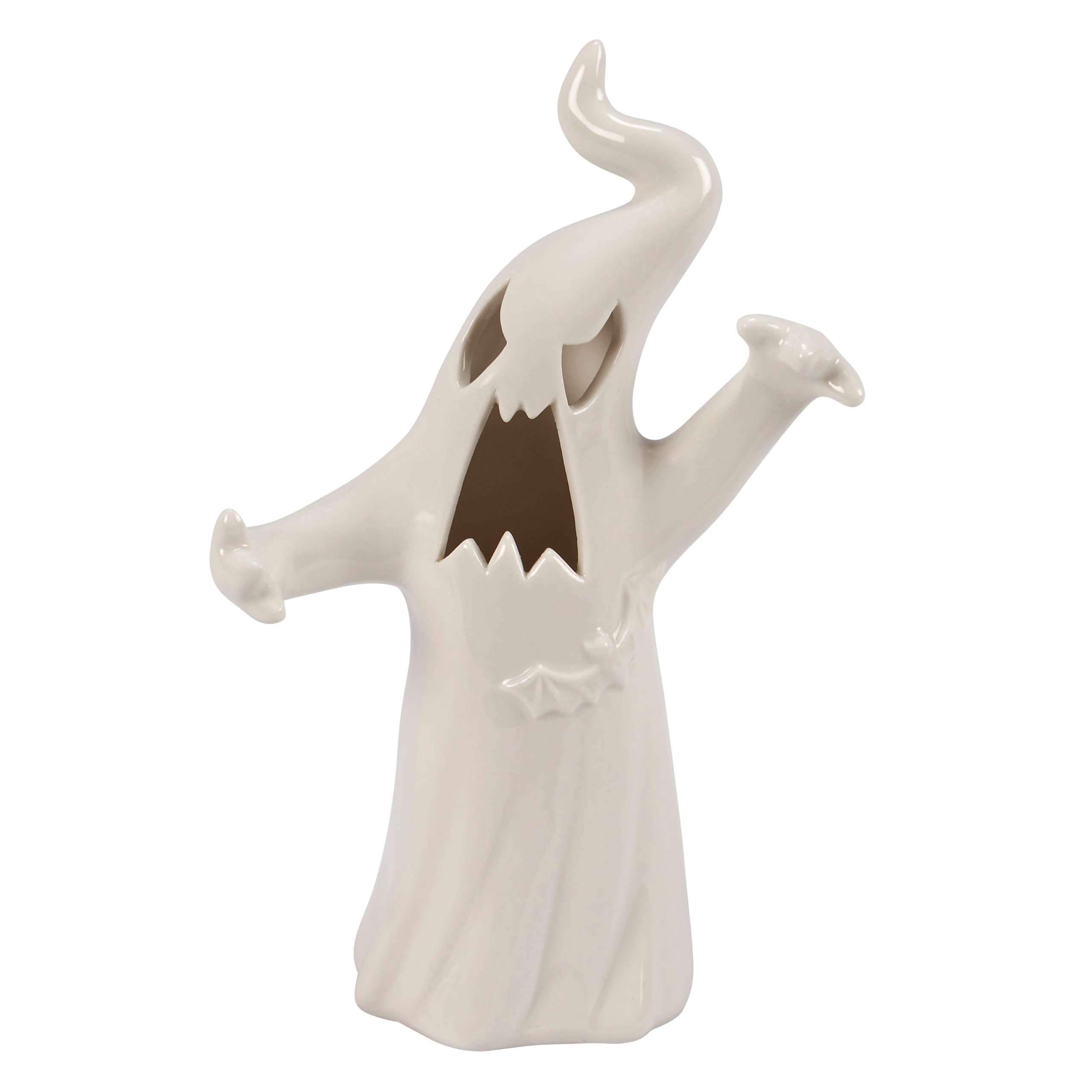 White ceramic lighted ghost figurine with spooky face and flowing cape perfect for halloween ghost figures decoration