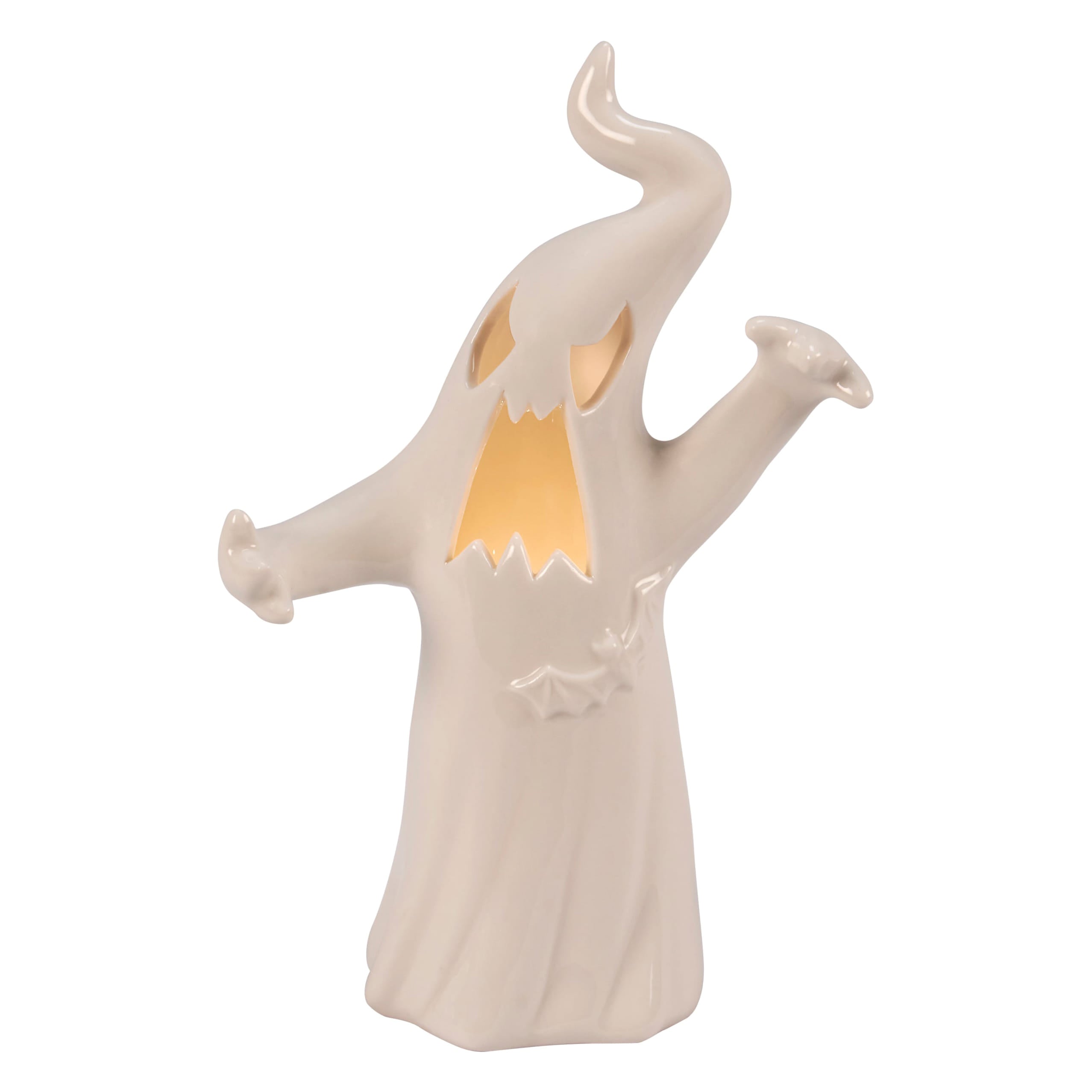 A cream-colored ceramic ghost figurine with glowing orange eyes and mouth perfect for halloween ghost figures decor